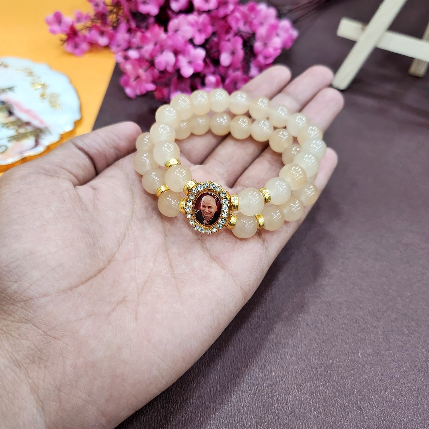 Natural Light Yellow Round Pearl Bracelet with Jai Guruji Swaroop