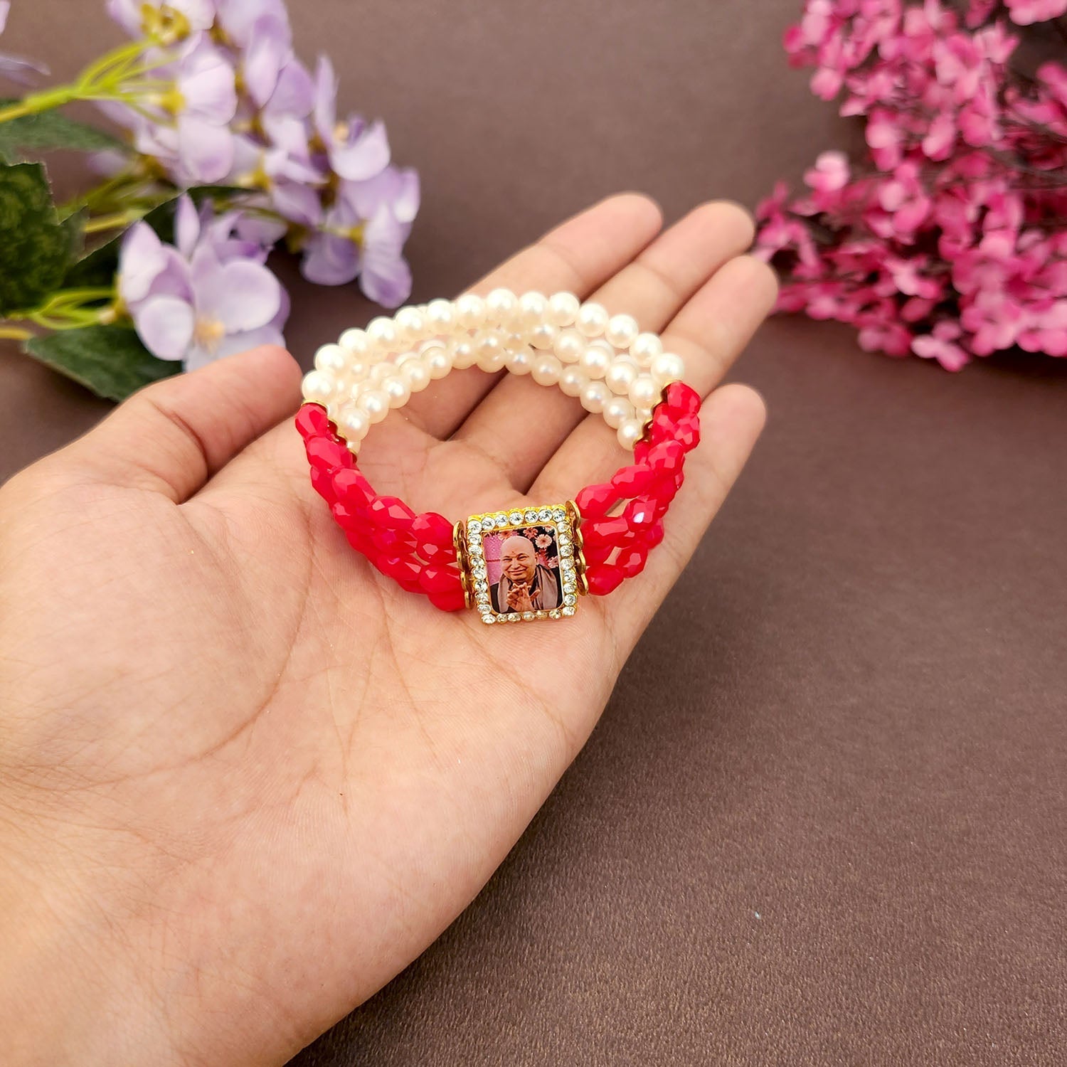 Crystal Red Beads & Pearl Bracelet with Jai Guruji Swaroop