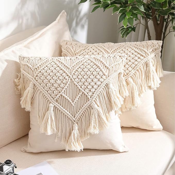KAAHIRA Handmade Cotton Macrame Cushion Pillow Cover Boho Home Decor Abstract Pattern 16 x 16 Inch in Off White Color - 1 Pcs