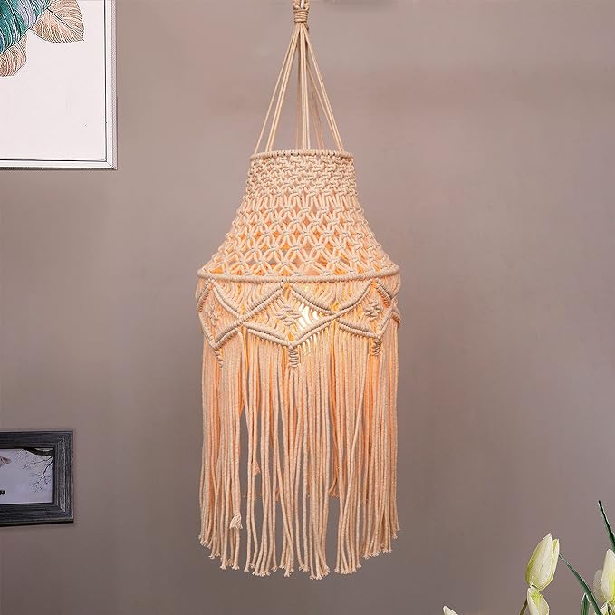 Homesake Farmhouse Hand-Woven Chandelier Hanging Lamp,Boho Drum Pendant Modern Lampshade for Decor (Woven Cone)(AC, Cotton, Beige)