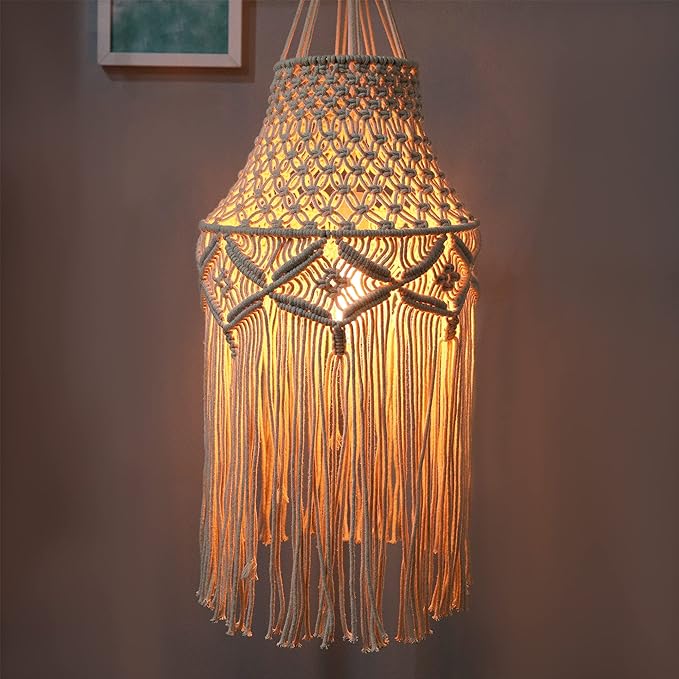 Homesake Farmhouse Hand-Woven Chandelier Hanging Lamp,Boho Drum Pendant Modern Lampshade for Decor (Woven Cone)(AC, Cotton, Beige)