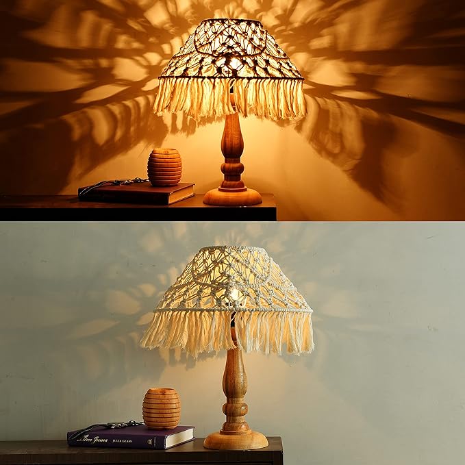 Decazone Wooden Table Lamp Macrame Hand-Knotted Shade with Short Fringes