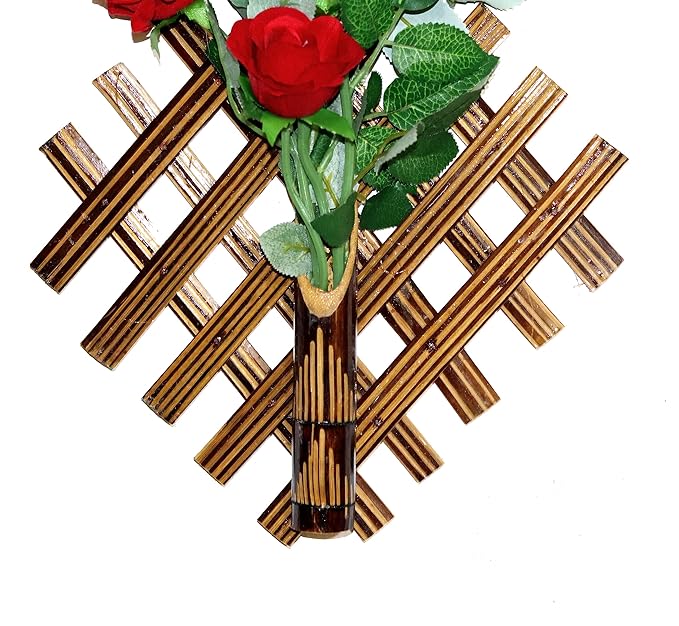 Wall Hanging Artificial Red Rose Bunch with Hanging Wooden Bamboo Pot/Stand
