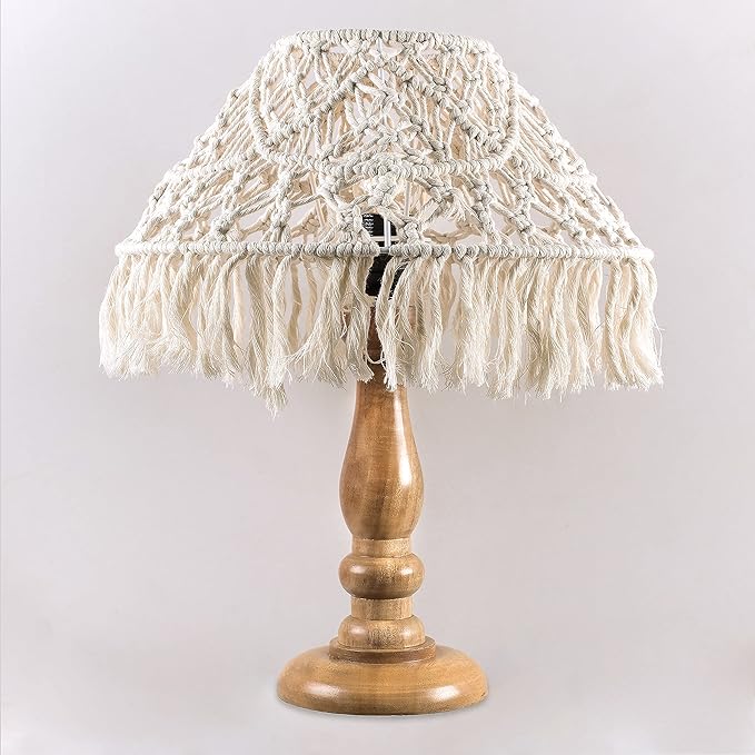 Decazone Wooden Table Lamp Macrame Hand-Knotted Shade with Short Fringes