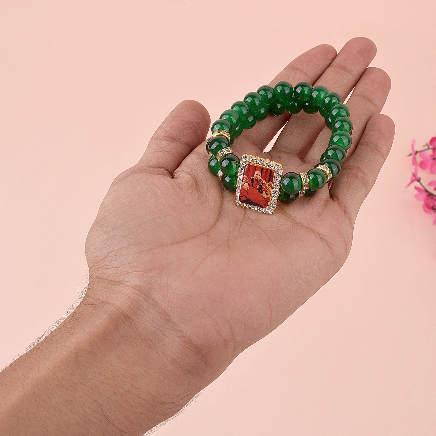 Bottle Green Pearl Bracelet with Jai Guruji Swaroop