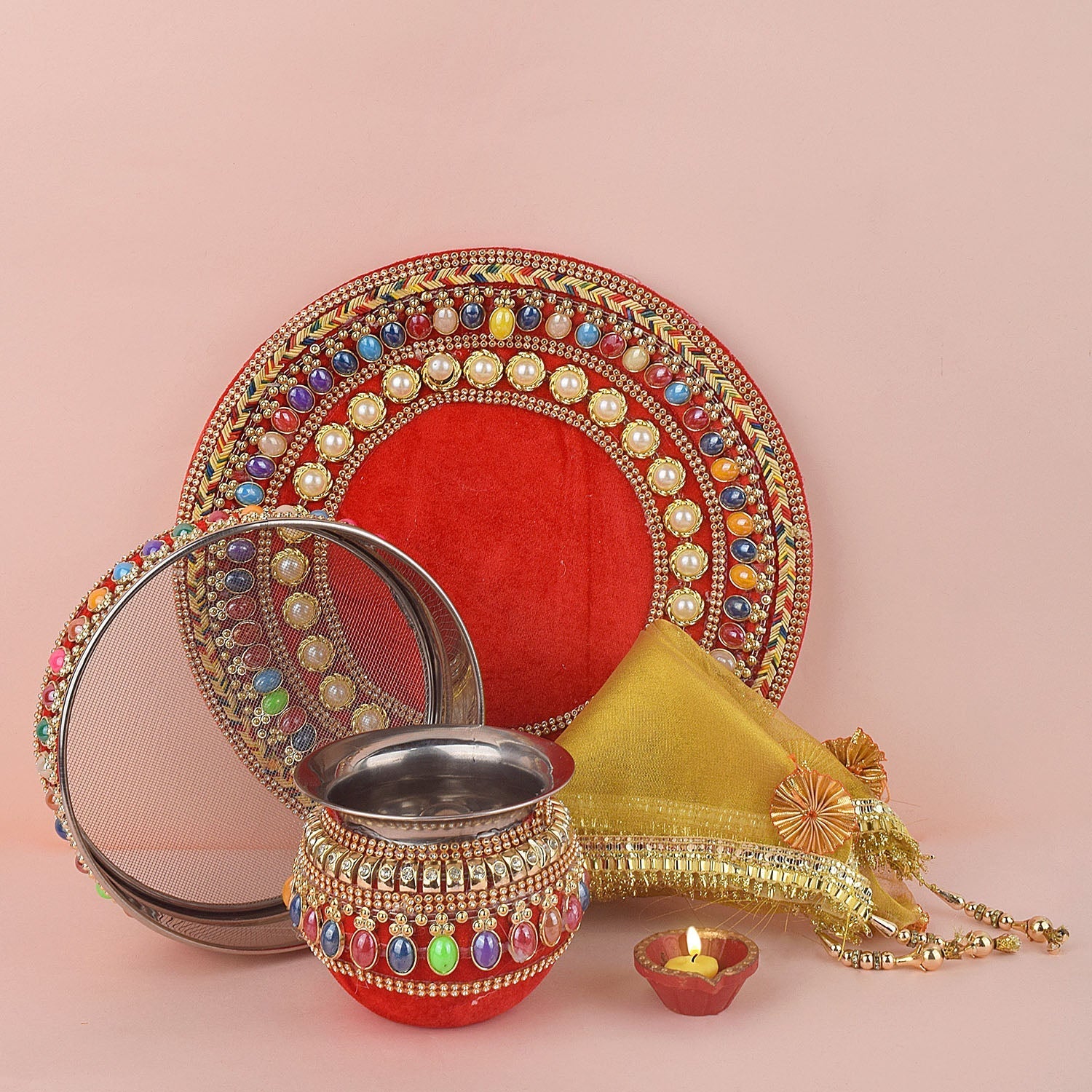 11 Pc Red Beaded Karwa Chauth Thali Karva Chauth Set With Cover