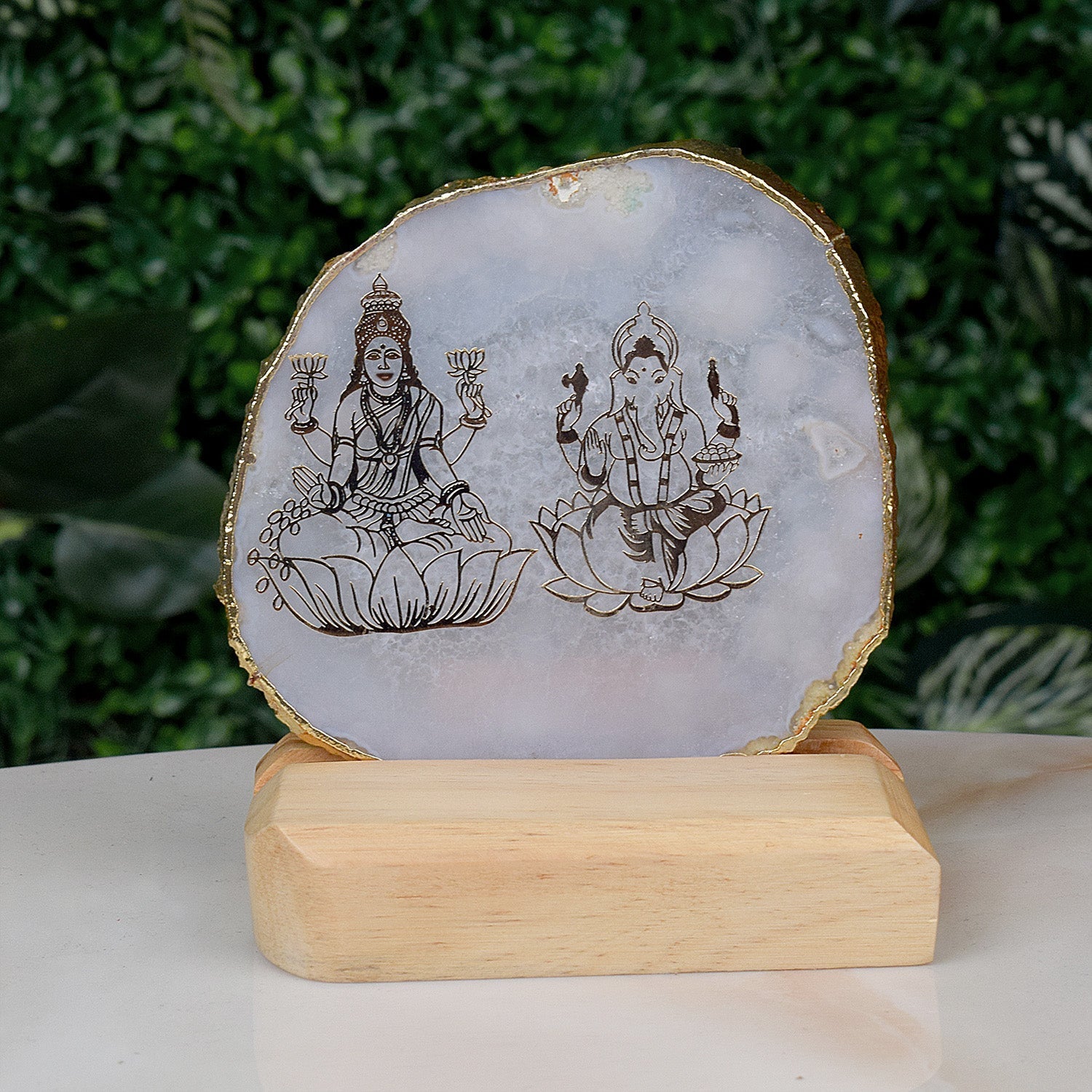 Harmony of Prosperity: Agate Stone Stand with Laxmi & Ganesha