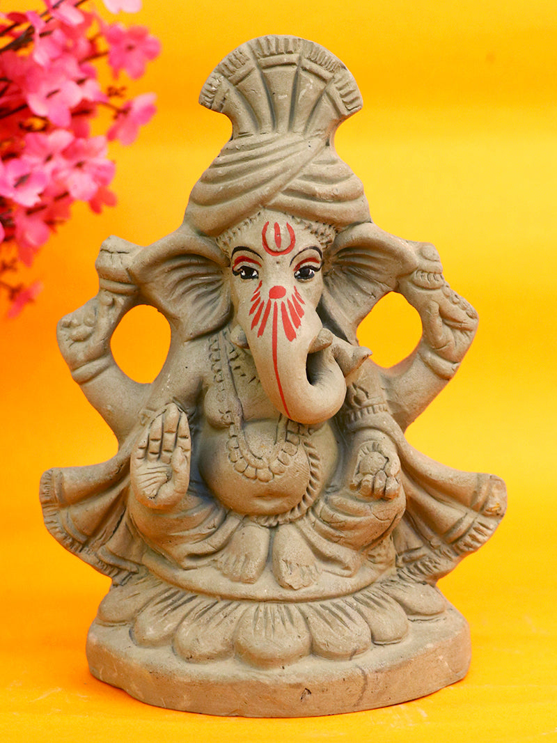 6.5 Inch Pagdi Wale Eco-Friendly Ganesha Idol in Padmasana Pose of Ganpati