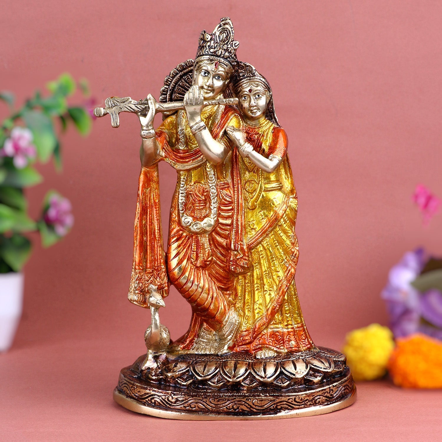 Engrossing Radha Krishna With Flute/Bansuri Brass Idol