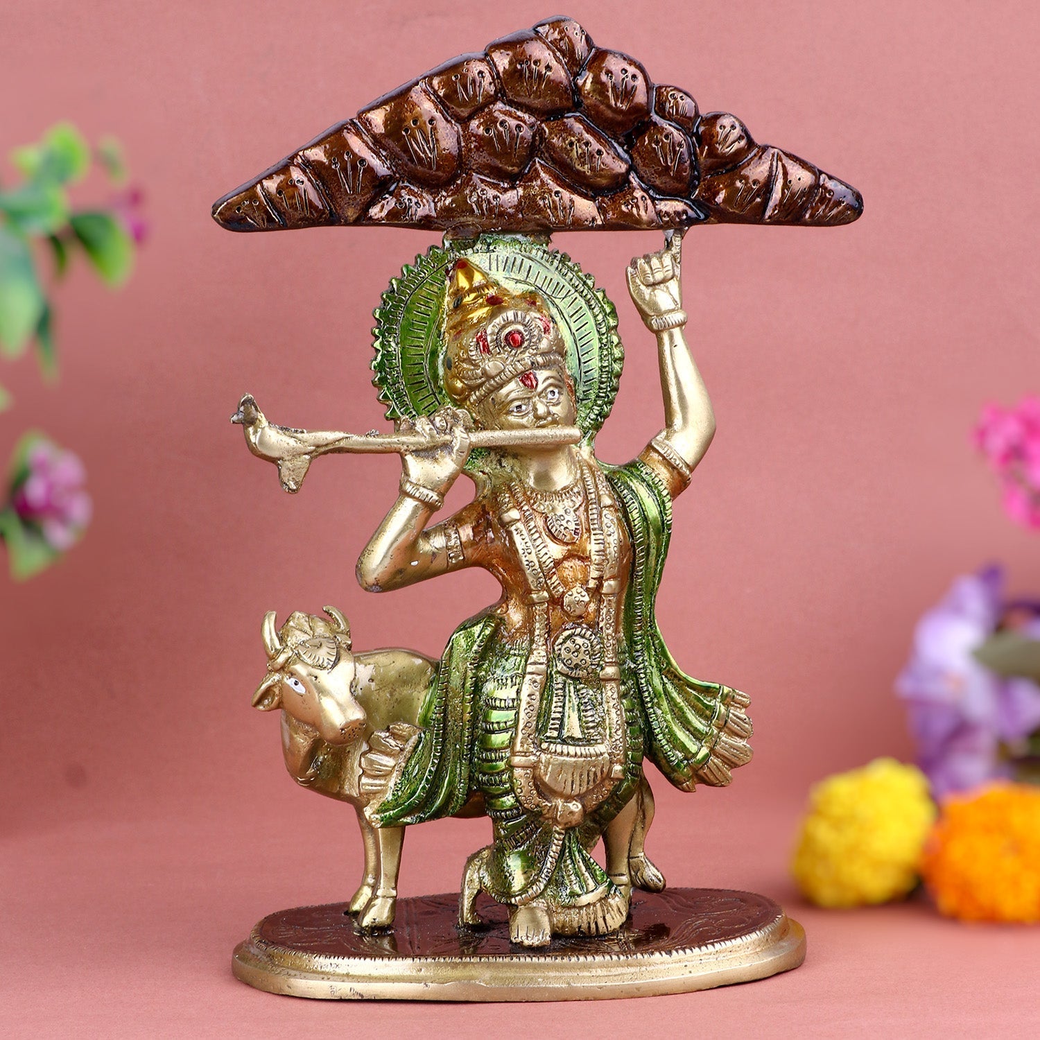 Brass Krishna Hold Mount Govardhan Idol
