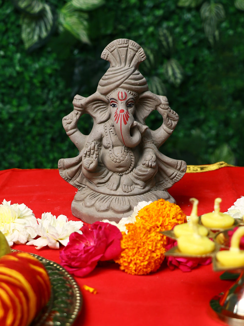 6.5 Inch Pagdi Wale Eco-Friendly Ganesha Idol in Padmasana Pose of Ganpati