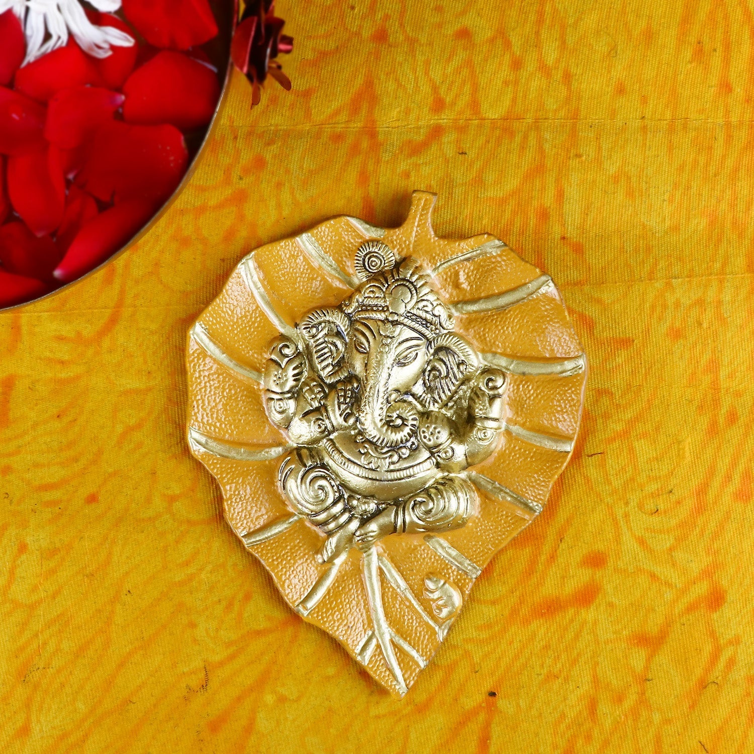 1 Pc Lord Ganesh on Leaf Patta Wall Hanging Yellow