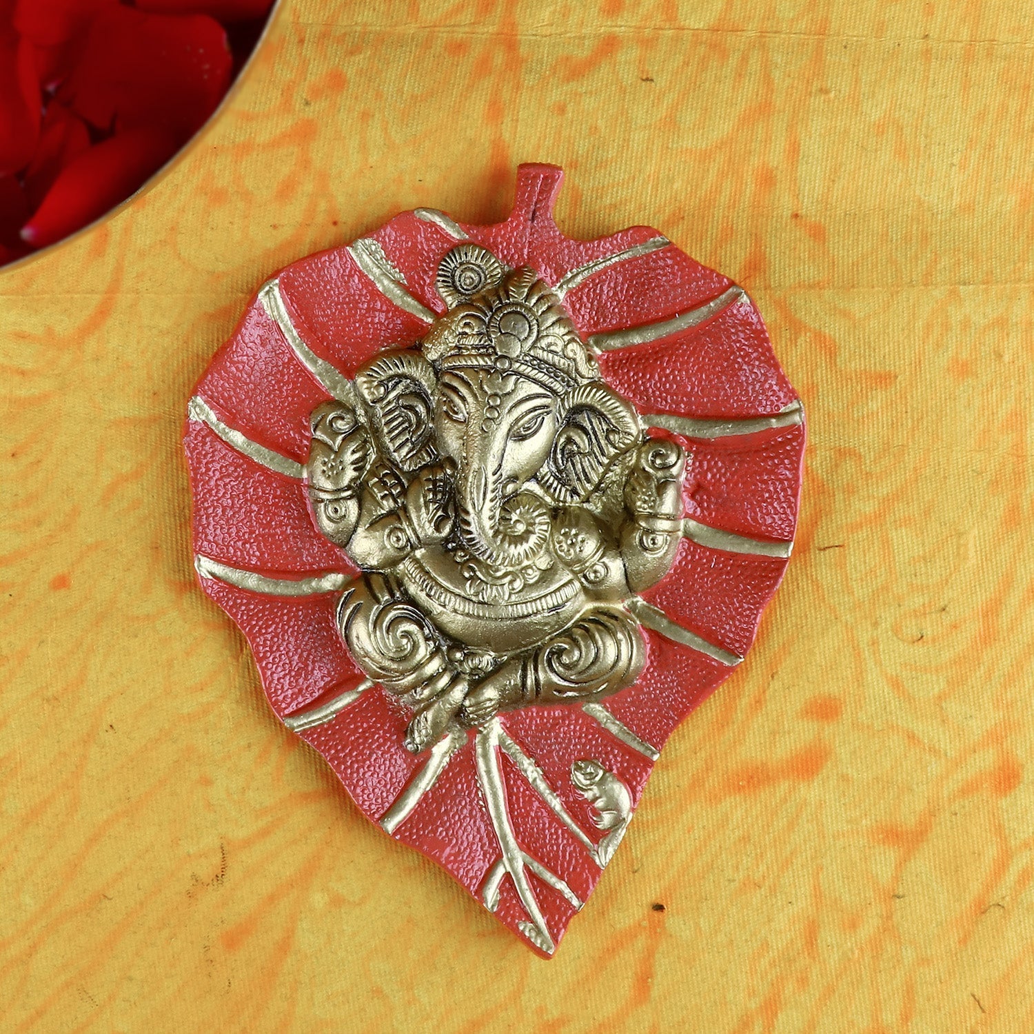 1 Pc Lord Ganesh on Leaf Patta Wall Hanging Red
