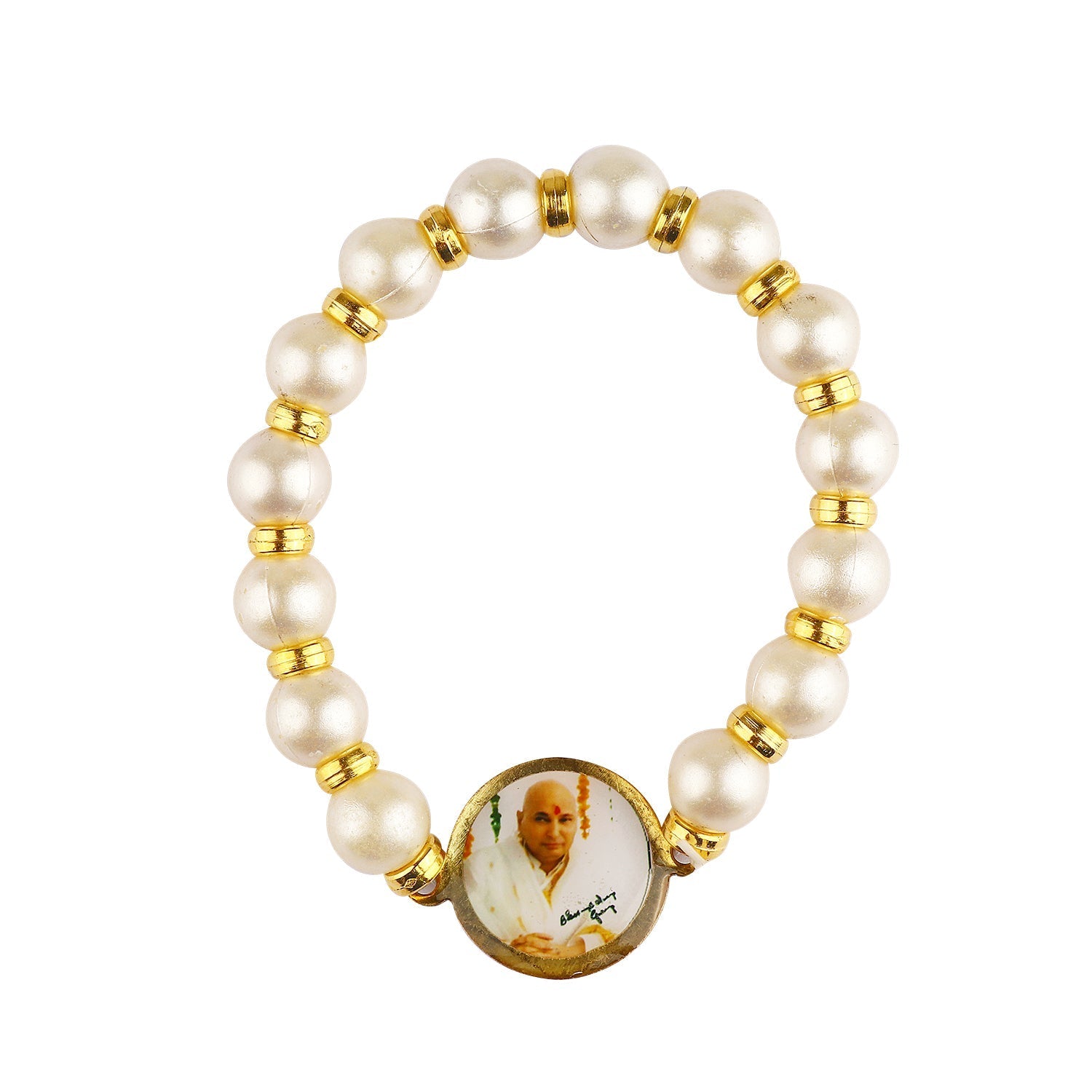 White & Golden Beads Bracelet with Jai Guruji Swaroop