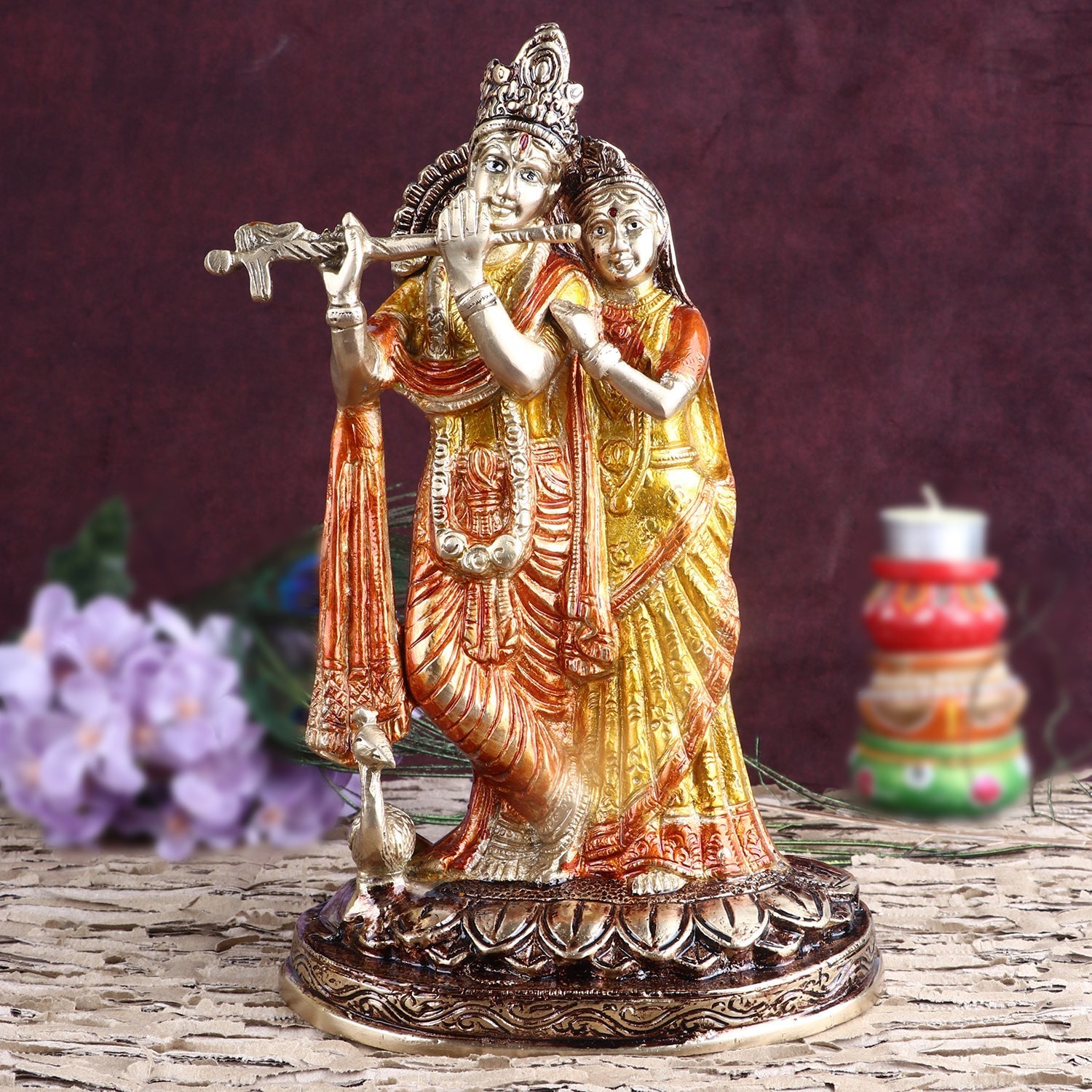 Engrossing Radha Krishna With Flute/Bansuri Brass Idol