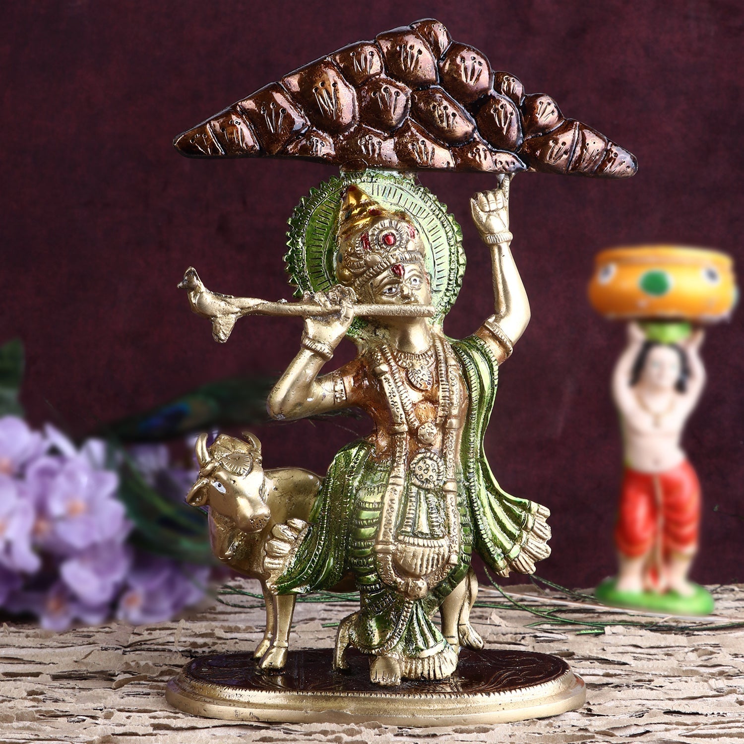 Brass Krishna Hold Mount Govardhan Idol