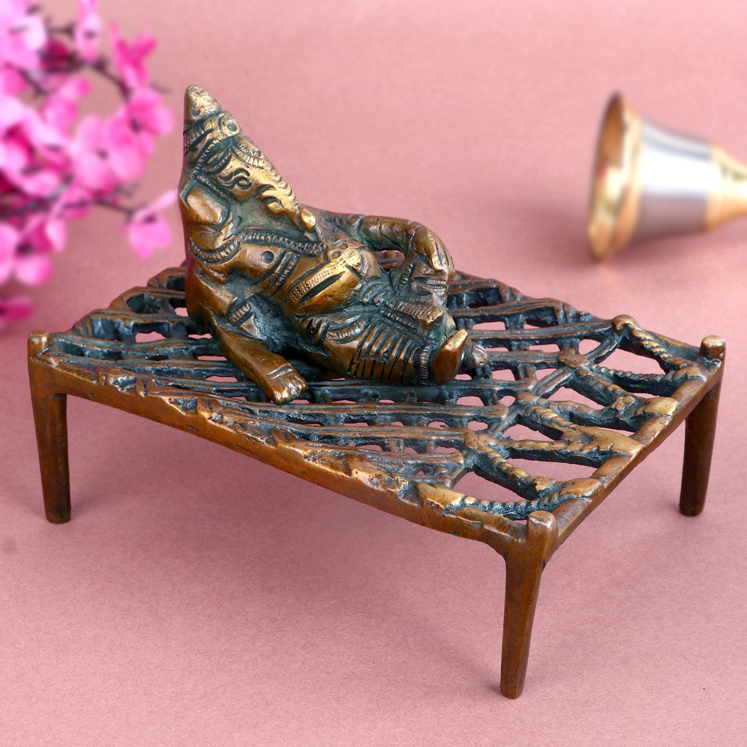 Antique Brass Ganesha Relaxing On Charpoy