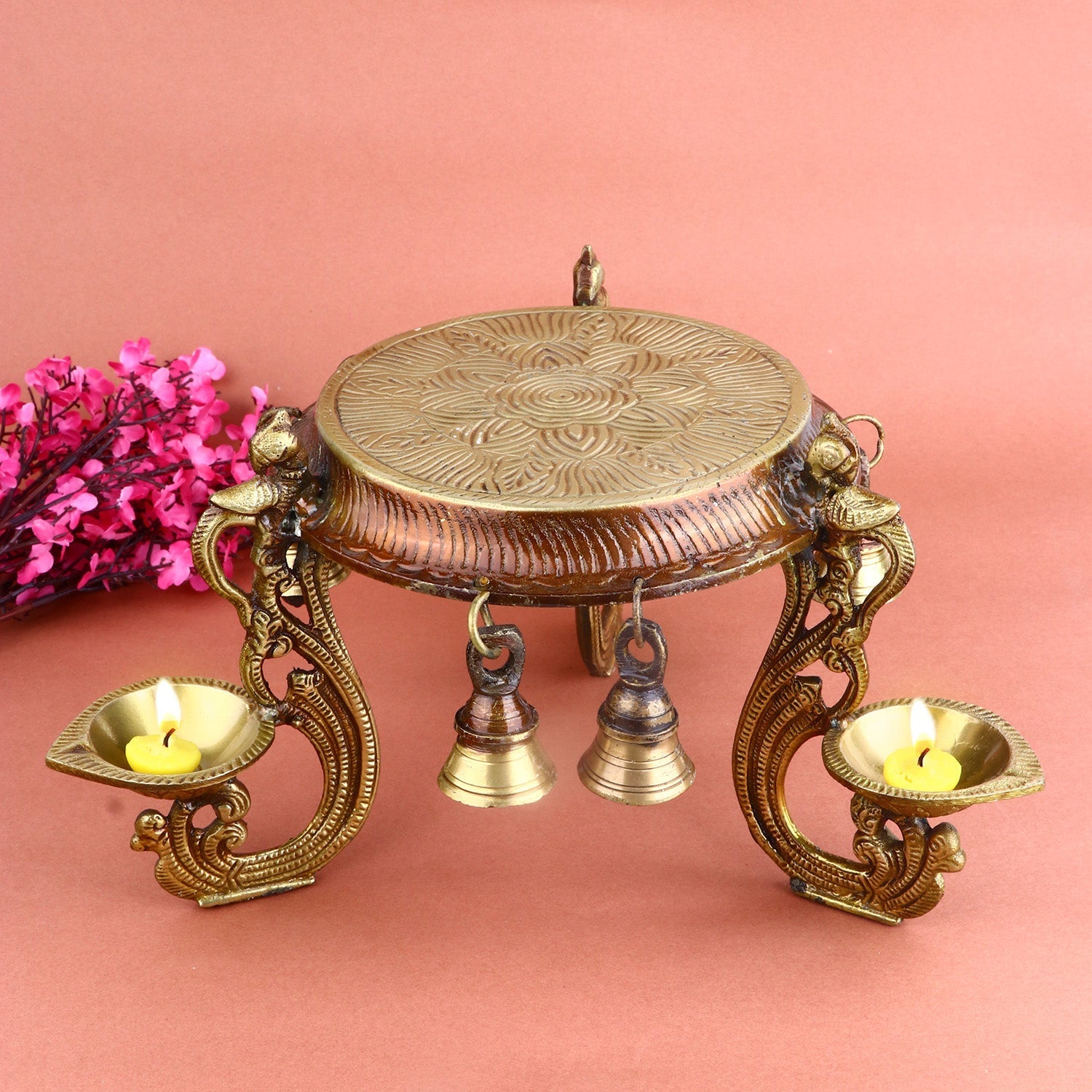 Decorative Brass Chowki With Diya And Bell
