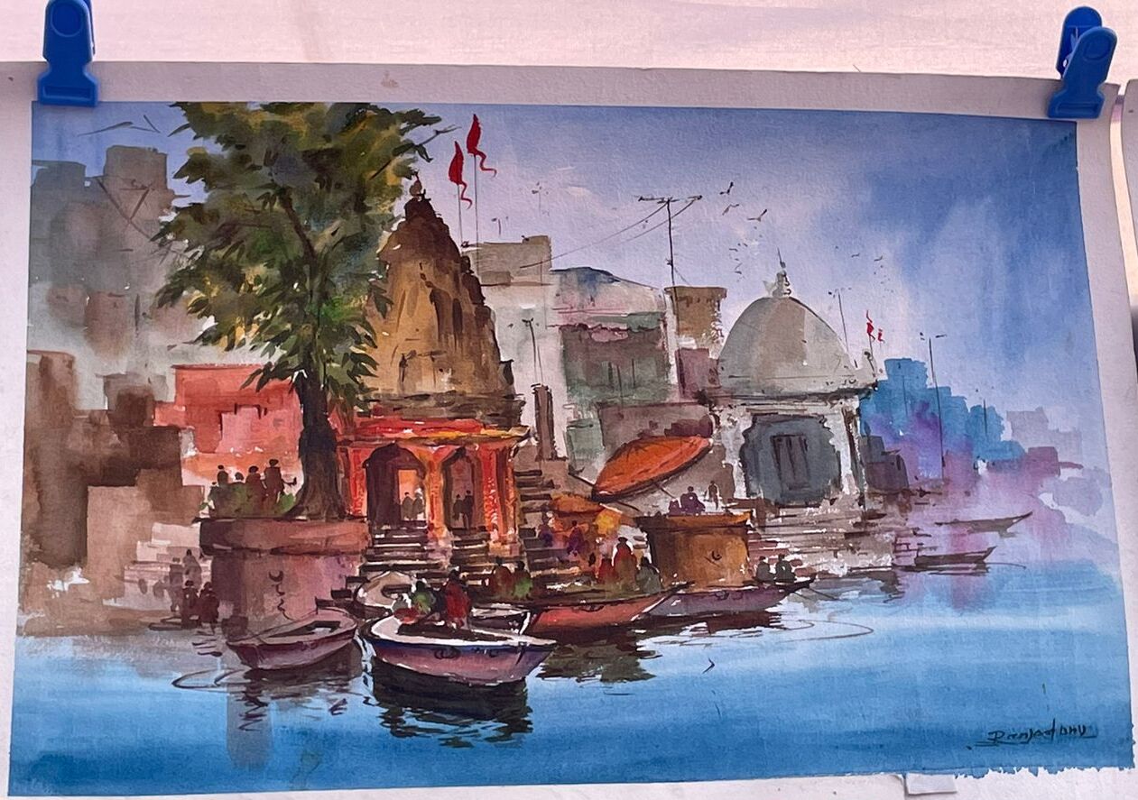 Ghat Temple: Reflections in Watercolor
