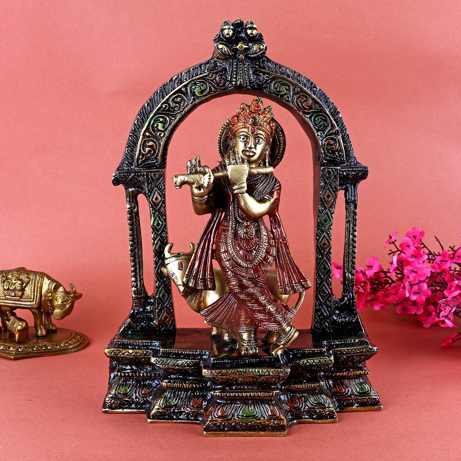 Brass Krishna With Cow And Flute Idol