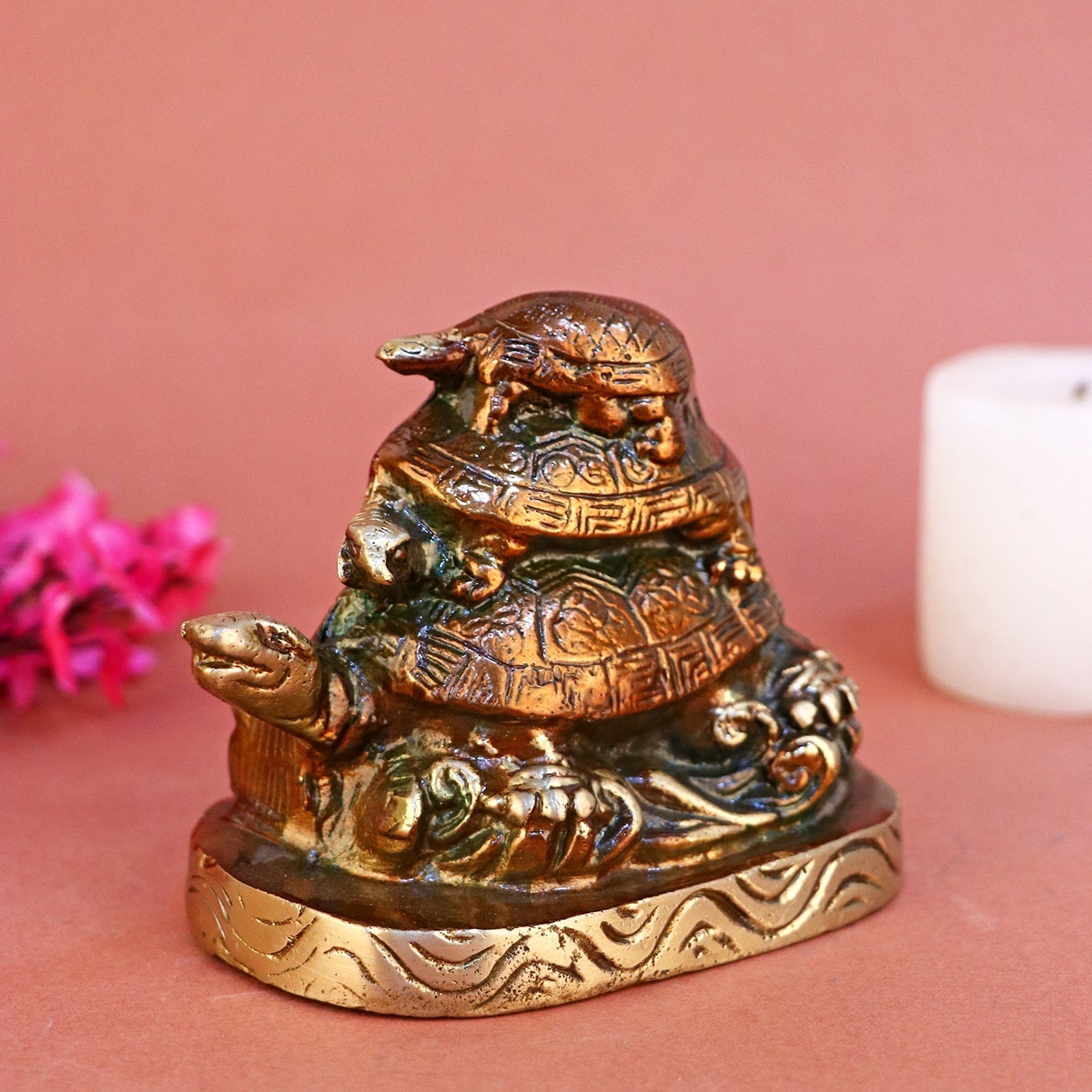 Brass Three Tortoises Stacked Together Statue