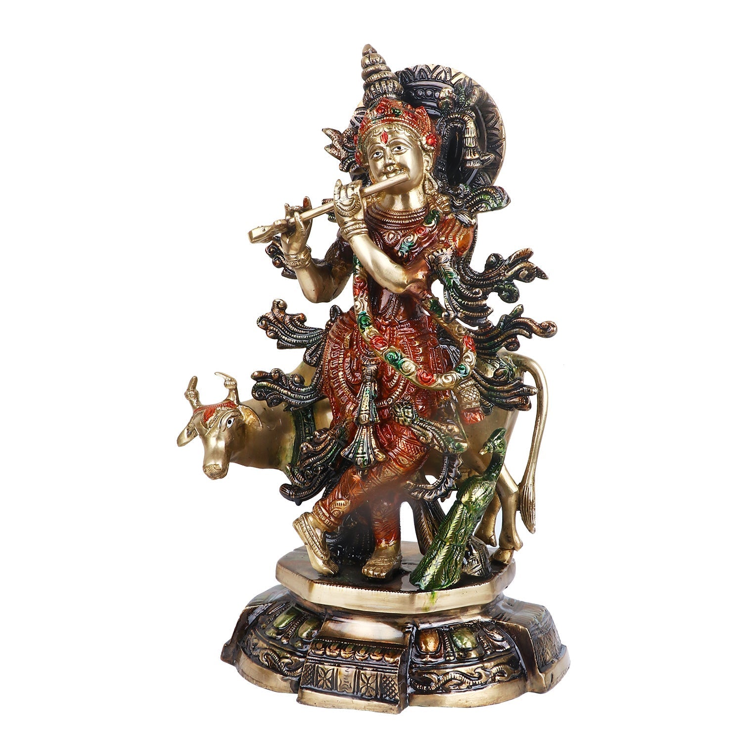 Lovely Krishna with Cow Colorful Brass Idol