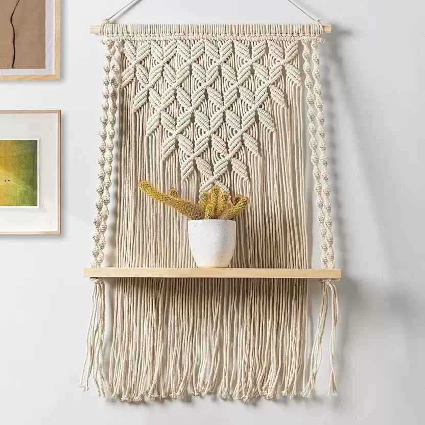 Decazone Macrame Bohemian Cotton Rope Wall Hanging with One Shelf  (Beige)