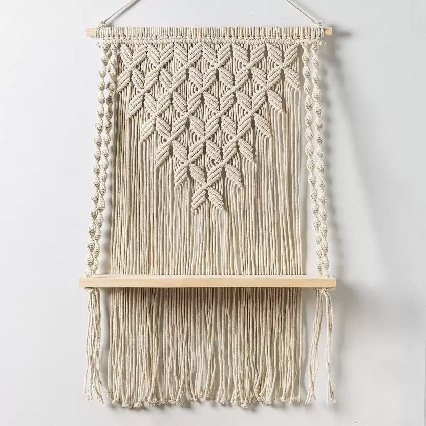 Decazone Macrame Bohemian Cotton Rope Wall Hanging with One Shelf  (Beige)
