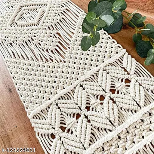 THE TOP KNOTT Macrame Hand Knitted Cotton Striped Hand Woven Table Runner, 6 Seater Table Runner, Heat Resistant, Modern Dining Room Table Mat, Look (14x72 Inches with Fringes- Ivory)